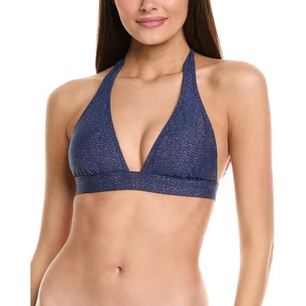 Milly Cabana NWT Chevron Halter Bikini Top Navy Silver Size S Removable Soft Cup